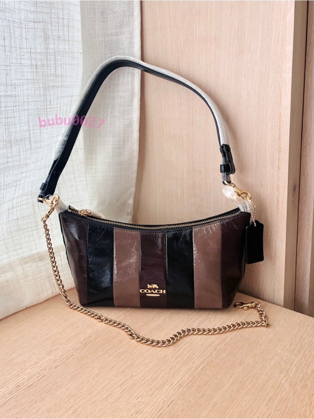 NWT🍫Coach Caitlin Shoulder Bag With Striped Patchwork Brown Black CDZ91 Leather